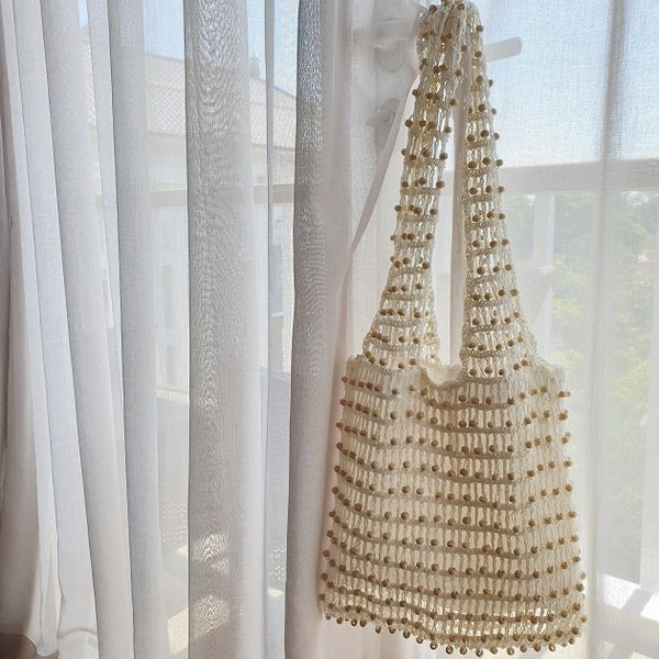 Carla crochet beaded tote (White), Bags - The Happy Beach