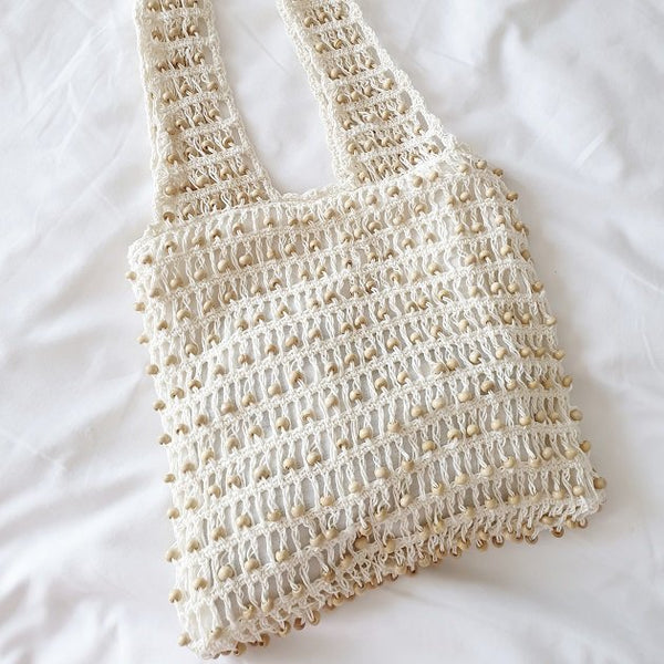 Carla crochet beaded tote (White), Bags - The Happy Beach