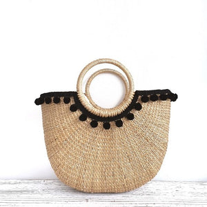 Cressia Straw Bag With Mini Poms (Black), Bags - The Happy Beach 