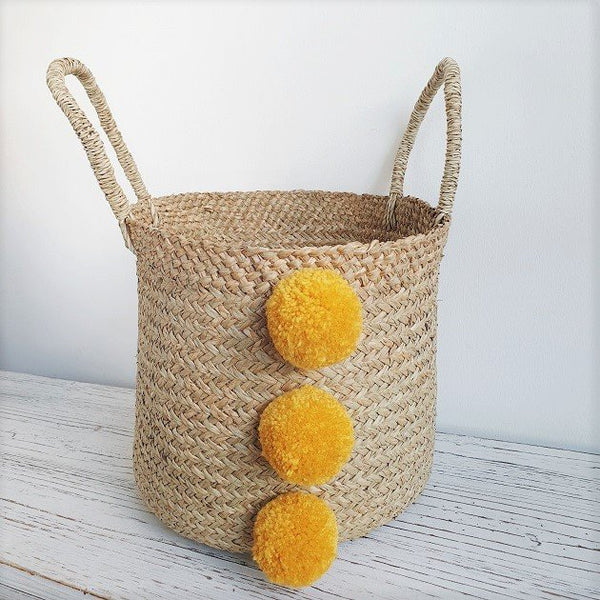 Lauryn Pom Pom Basket (Mustard), Bags - The Happy Beach 
