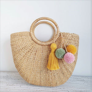 Cressia Straw Bag With Trio pom poms tassel (Summer), Bags - The Happy Beach 